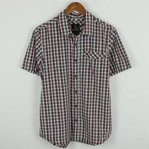 Prana Park Hill Men's Medium Red Gray Plaid Cotton Short Sleeve Button Up Shirt